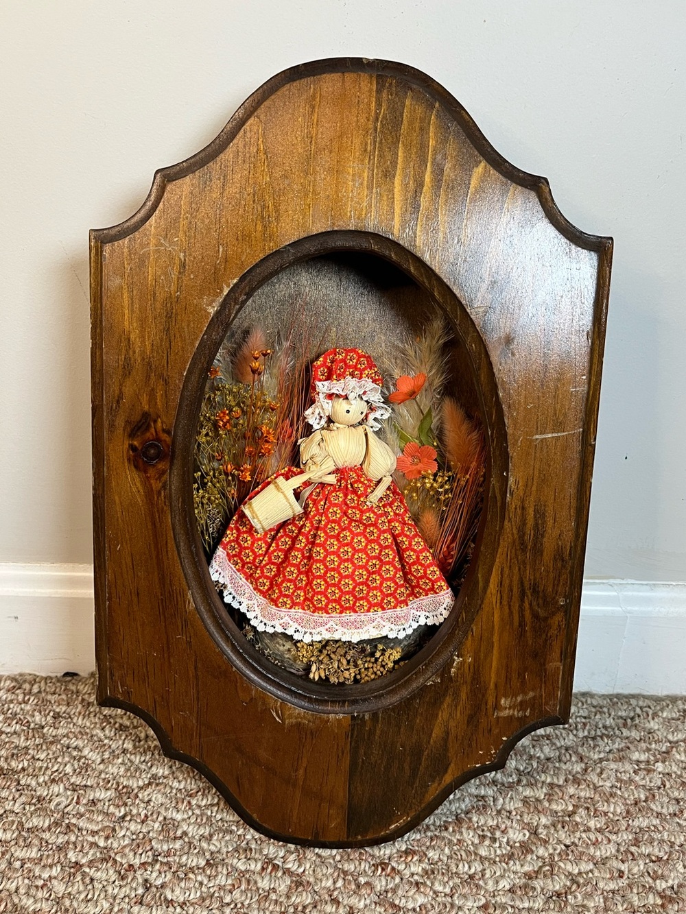 Vintage 70’s cornhusk Doll in orange Floral Dress wood Shadowbox
